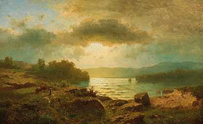 湖面上的日落`Sunset on a Lake by Adolf Chwala