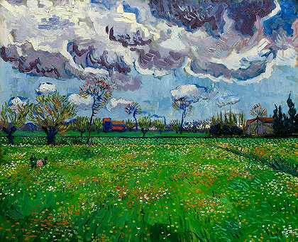 暴风雨天空下鲜花盛开的草地`Meadow With Flowers Under Stormy Sky