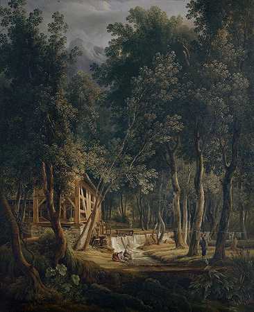 劳特布伦南山谷的锯木厂`Sawmill in the Lauterbrunnen Valley by Samuel Birmann
