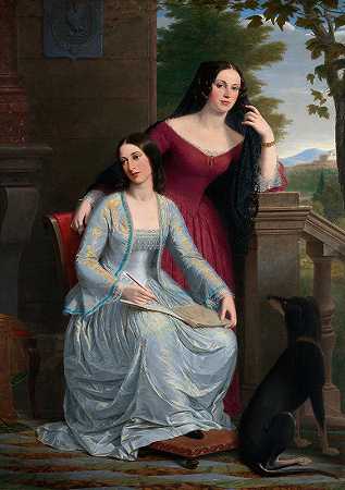 意大利风景中的两个女人`Two Women in an Italian Landscape (1854) by Miner Kilbourne Kellogg