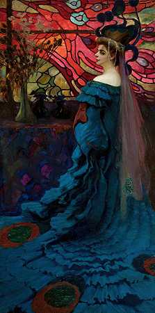 孔雀——佐菲亚·博鲁钦斯卡·内埃·雅基莫维奇的肖像`Peacock – portrait of Zofia Borucińska née Jakimowicz (1908) by Kazimierz Stabrowski