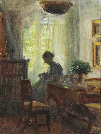 艺术家家的室内装饰。Sytøj的安娜·安彻夫人`Interieur fra Kunstnerens Hjem. Fru Anna Ancher ved Sytøjet (1915) by Michael Ancher