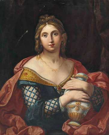 一位女士的半身肖像，如潘多拉或艾蒿`Portrait of a lady, half~length, as Pandora or Artemisia by Elisabetta Sirani