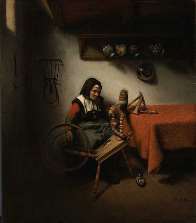 老妇人纺纱`Old Woman Spinning (1650 ~ 1660) by Nicolaes Maes