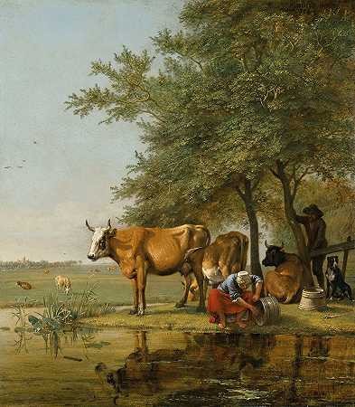 牛群和一个女人在清理水桶`Landscape with cattle and a woman cleaning a bucket by a stream (1647) by a stream by Paulus Potter
