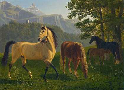 风景中的马风景中的马`Pferde Vor Landschaft Horses In Landscape by Johann Jakob Biedermann
