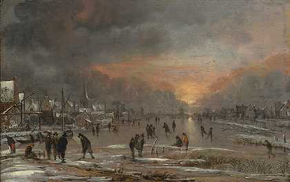 冰河上的运动`Sports on a Frozen River (ca. 1660) by Aert van der Neer