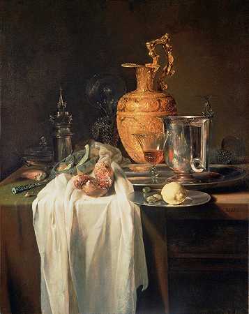 水壶、器皿和石榴的静物画`Still Life With Ewer, Vessels And Pomegranate by Willem Kalf