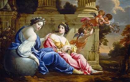 乌拉尼亚和卡利奥普缪斯`The Muses Urania and Calliope (C. 1634) by Workshop of Simon Vouet