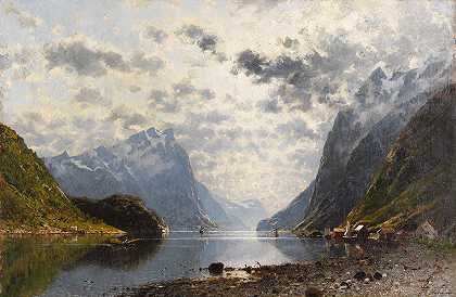 挪威峡湾景观`Norwegische Fjordlandschaft (1880~90) by Adelsteen Normann