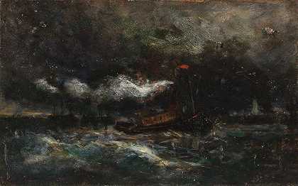 暴风，布伦顿之光（背景为暴风灯塔中的船）`Squall, Brenton Light (boat in storm_lighthouse in background) by Edward Mitchell Bannister