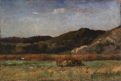 无标题（奶牛放牧的景观、丘陵）`Untitled (landscape with cows grazing, hills) (1891) by Edward Mitchell Bannister