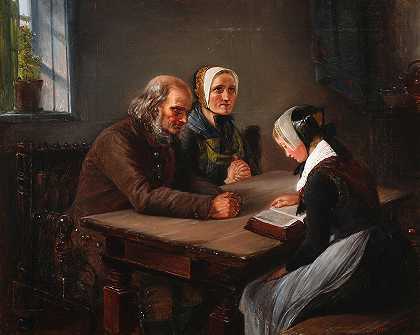 一个年轻女孩读圣经`En ung pige læser op af Bibelen (1854) by Elisabeth Jerichau Baumann