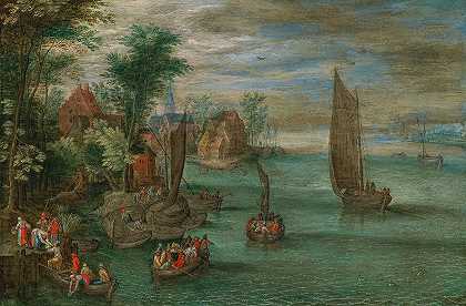 有渡轮和帆船的河流景观`A river landscape with ferries and sailing boats by Jan Brueghel the Younger