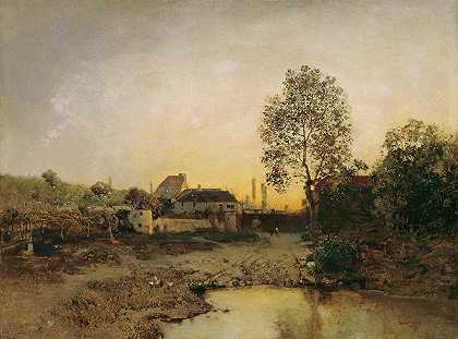 池塘和农场景观`Landschaft mit Weiher und Gehöften (1885) by Robert Russ