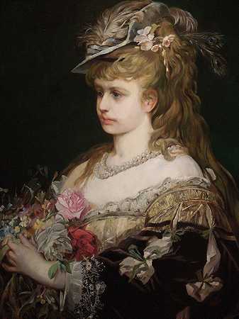 植物群戴帽子的女孩的肖像`Flora. Portrait Of A Girl In A Hat (1870s) by Hans Makart
