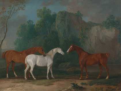 三个猎人在岩石景观中`Three Hunters in a Rocky Landscape (1775) by Sawrey Gilpin