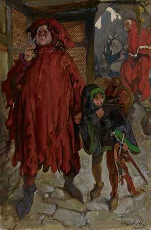 约翰·福斯塔夫爵士和他的书页，亨利四世国王，第二部分，第一幕，第二场`Sir John Falstaff with His Page, King Henry IV, Part II, Act I, Scene II (1905) by Edwin Austin Abbey