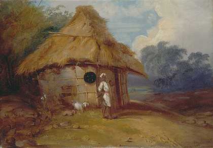 印度南部的景色，一名战士在他的小屋外`View in Southern India, with a Warrior Outside his Hut (ca. 1815) by George Chinnery