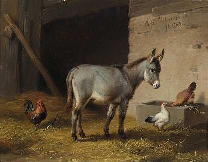 马厩里的驴和鸡`Esel und Hühner im Stall (1863) by Eugène Joseph Verboeckhoven