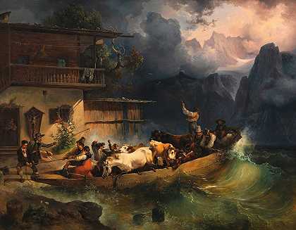 暴风雪中的高山船`Ein Alpenschiff im Sturm (1834) by Friedrich August Matthias Gauermann