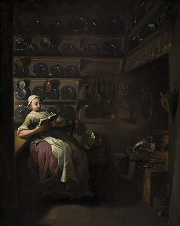 厨房屋内有一个女孩在读书`Kitchen Interior with a Girl Reading (1764) by Jens Juel