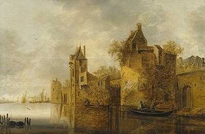 河流景观`A River Landscape (1698) by Pieter de Bloot