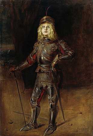 马里恩·伦巴赫（Marion Lenbach）在《骑士》（knight&）它的盔甲`Marion Lenbach in knights armor (1902) by Franz von Lenbach