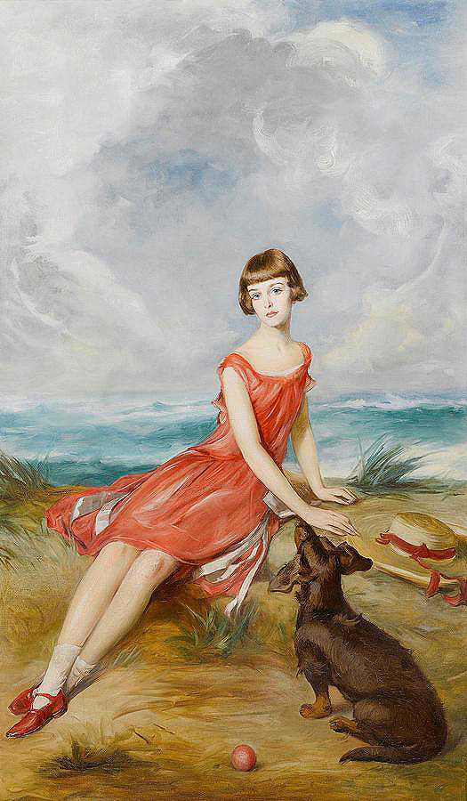 一个小女孩和她的狗在海边的肖像`Portrait Of A Young Girl With Her Dog By The Sea