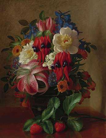 鲜花和草莓的静物画`Still Life With Flowers And Strawberries (1868) by George Henry Hall