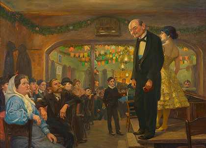 民谣歌手（让·梅内基尼和米兹·朗）在维也纳郊区的一家客栈表演`Volkssängervorstellung (Jean Meneghini und Mizzi Lang) in einem Wiener Vorstadtgasthaus (1906) by Josef Engelhart