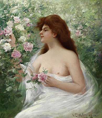采摘玫瑰的年轻女子`Young Woman Picking Roses