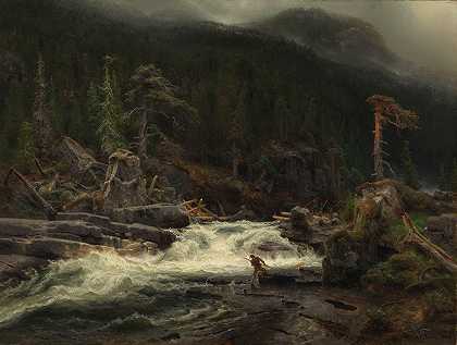 特莱马克瀑布`Waterfall in Telemark (1852) by August Cappelen