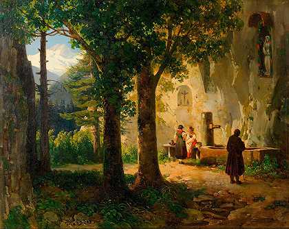 疗愈泉的信徒（带喷泉的景观）`Andächtige bei einer Heilquelle (Landschaft mit Brunnen) (ca. 1850) by Thomas Ender