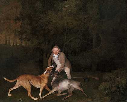 克莱伦登伯爵弗里曼它的猎场看守人，带着一只奄奄一息的母鹿和猎犬`Freeman, the Earl of Clarendons gamekeeper, with a dying doe and hound (1800) by George Stubbs
