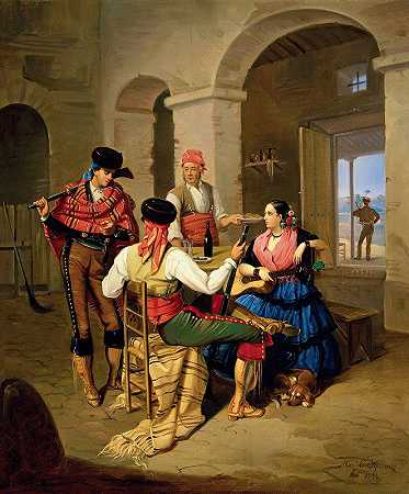乡村客栈的场景`Scene in a Country Inn (1855) by Manuel Cabral Aguado Bejarano
