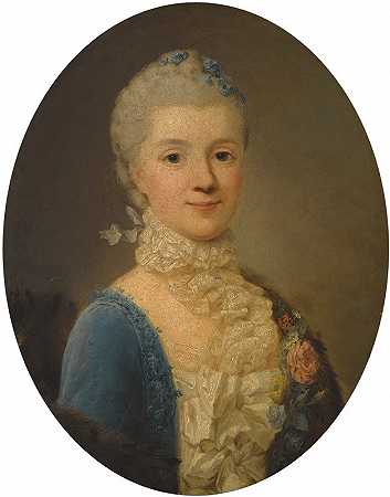 一位女士的肖像，穿着蓝色连衣裙和蕾丝领子`Portrait of a Lady, Wearing a Blue Dress And Lace Collar by Giuseppe Baldrighi