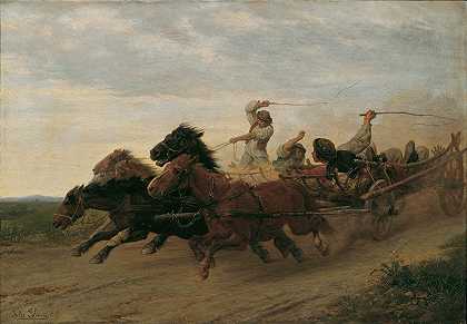 醉醺醺的斯洛伐克农民赛跑`Wettfahrt betrunkener slowakischer Bauern (1869) by Julius von Blaas
