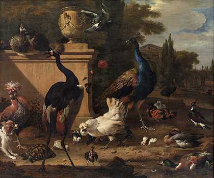 母鸡在庄园里奔跑`Hen Run at a Manor (1651 – 1695) by Melchior d&;Hondecoeter