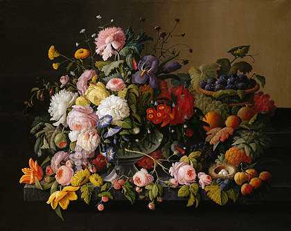 静物花果`Still Life; Flowers and Fruit (1850–55) by Severin Roesen