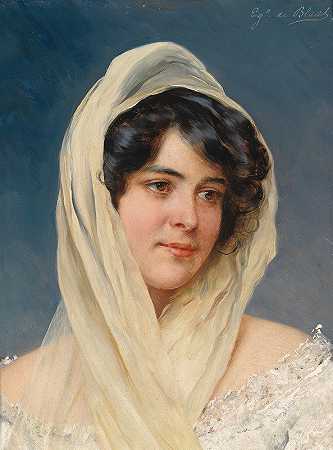 一位戴面纱的年轻女士的肖像`Portrait of a young lady with a veil by Eugen von Blaas