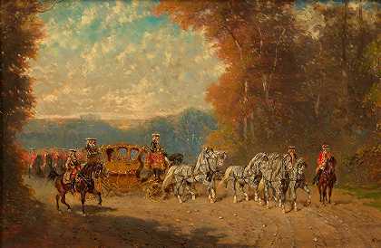 带警卫的宫廷庆典马车的出口`Ausfahrt eines Hofgalawagens mit Garde (ca. 1880–1890) by Alexander Von Bensa