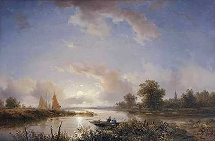 黄昏时分划船的垂钓者`Anglers In A Rowing Boat At Twilight