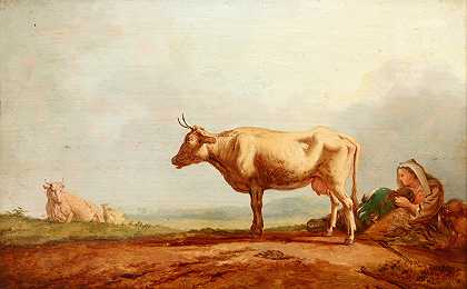牧场上的奶牛`Cows at Pasture (ca 1800) by Jacob van Strij