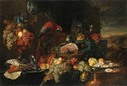 有水果、牡蛎和鹦鹉的静物画`Still Life With Fruit, Oysters And A Parrot by Jan Davidsz de Heem