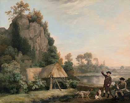 两位绅士正在射击，可以看到克雷斯韦尔峭壁，被当场抓拍`Two Gentlemen Going a Shooting, with a View of Creswell Crags, Taken on the Spot (ca. 1767) by George Stubbs