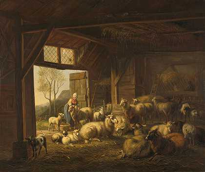 马厩里的绵羊和山羊`Sheep and Goats in a Stable (1821) by Jan van Ravenswaay
