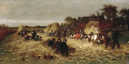 南塔基特的玉米剥皮`Corn Husking at Nantucket (ca. 1875) by Eastman Johnson
