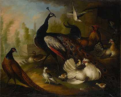公园里的一群鸟，包括孔雀、母鸡和鸭子`An assembly of birds in a parkland setting, including a Peacock, hens and a duck by Marmaduke Cradock
