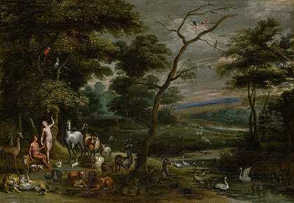 天堂里的亚当和夏娃`Adam and Eve in Paradise by Jan Brueghel The Elder